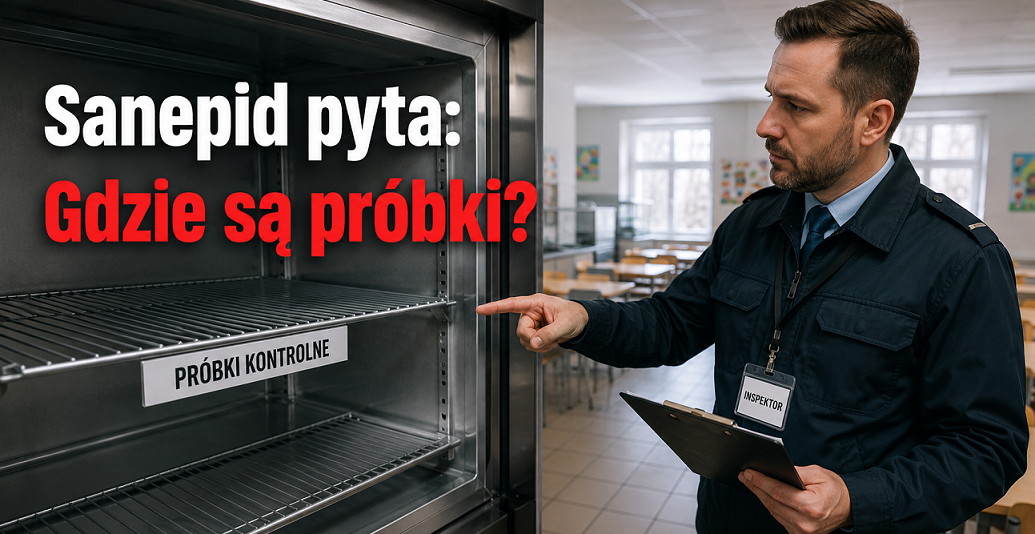 Inspektor Sanepidu wskazujący na puste półki w lodówce gastronomicznej z napisem 'Próbki kontrolne'